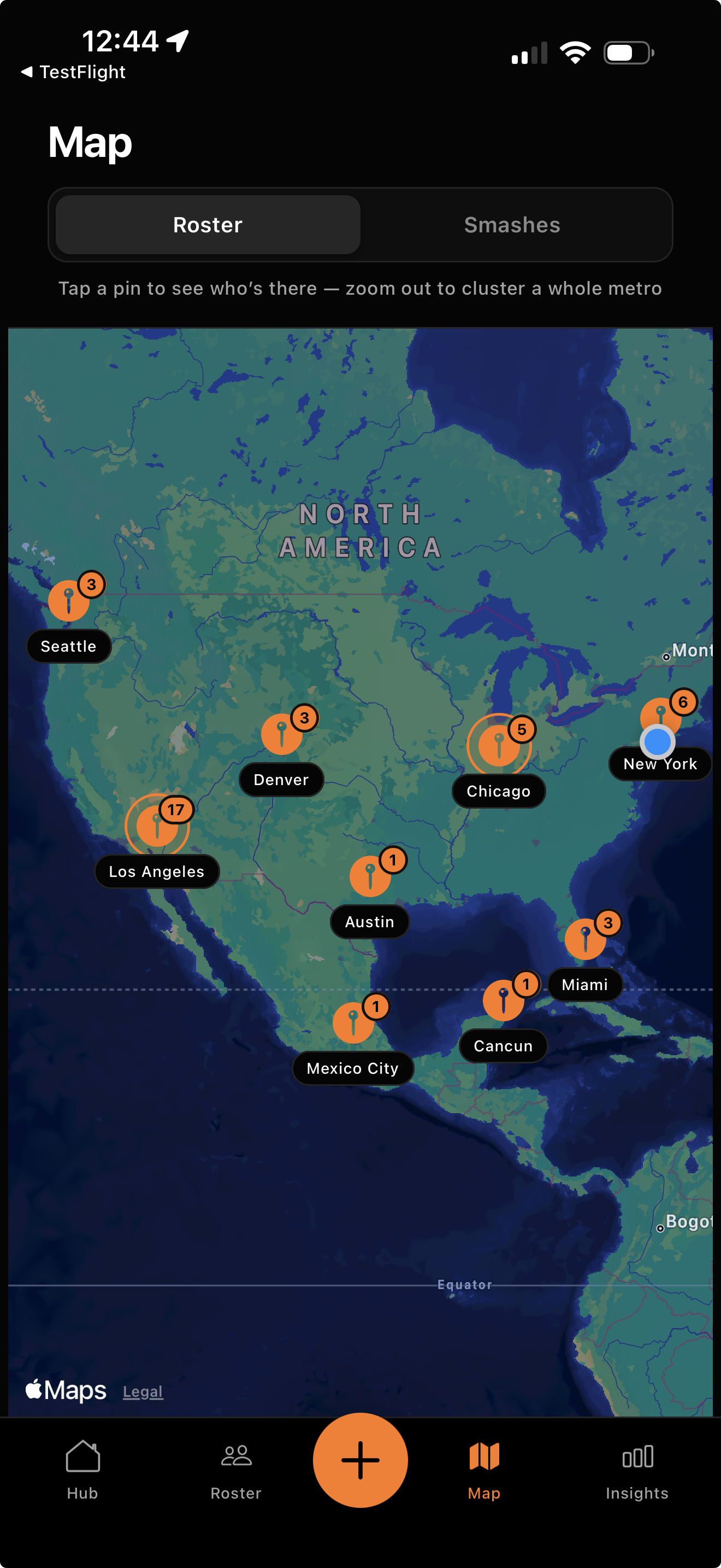 NutHub map screen with roster pins across cities